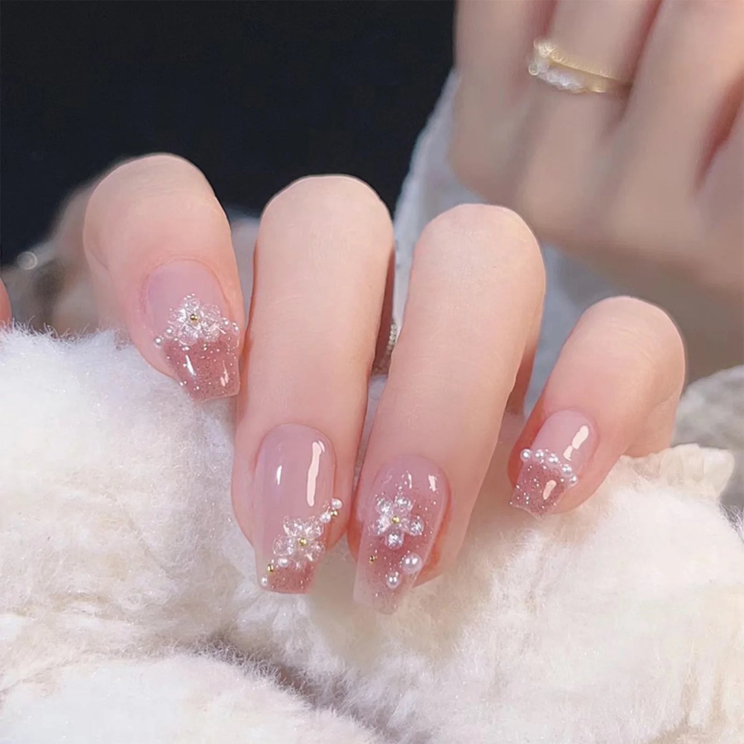 Pink Flower & Pearl Long Lasting Fake Nails