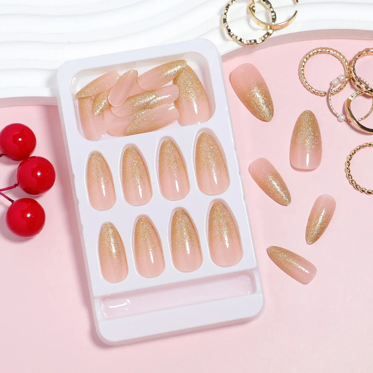 24pcs Cat Eye, French Glitter Pink Press On Almond Nails