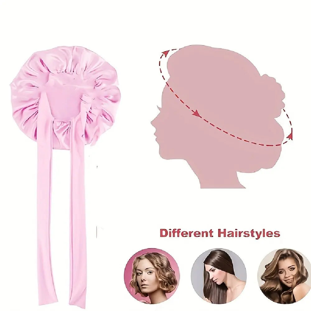 2PCS Black & Pink Satin Sleeping Cap With Tie Band