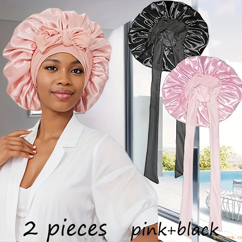 2PCS Black & Pink Satin Sleeping Cap With Tie Band