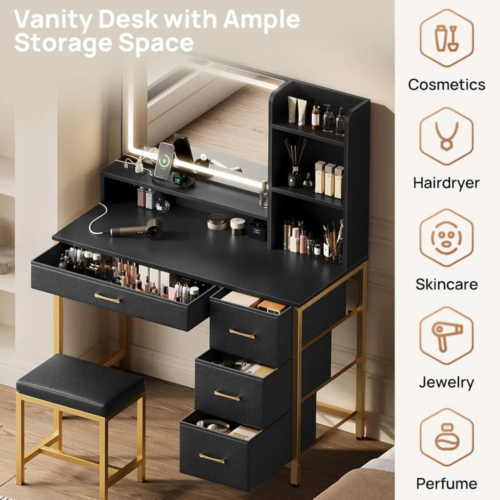 Black & Gold Makeup Vanity With Upholstered Stool