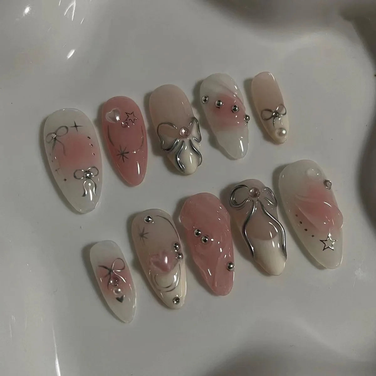 24pcs Pink French Press On Almond Nails With Heart Bow Designs