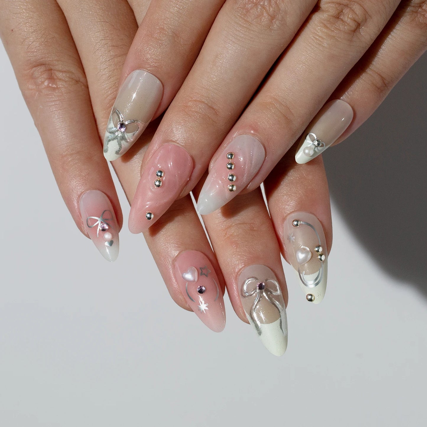 24pcs Pink French Press On Almond Nails With Heart Bow Designs