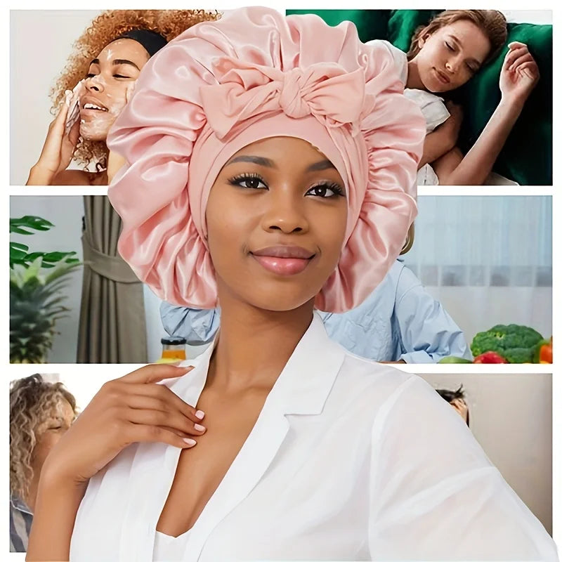 2PCS Black & Pink Satin Sleeping Cap With Tie Band