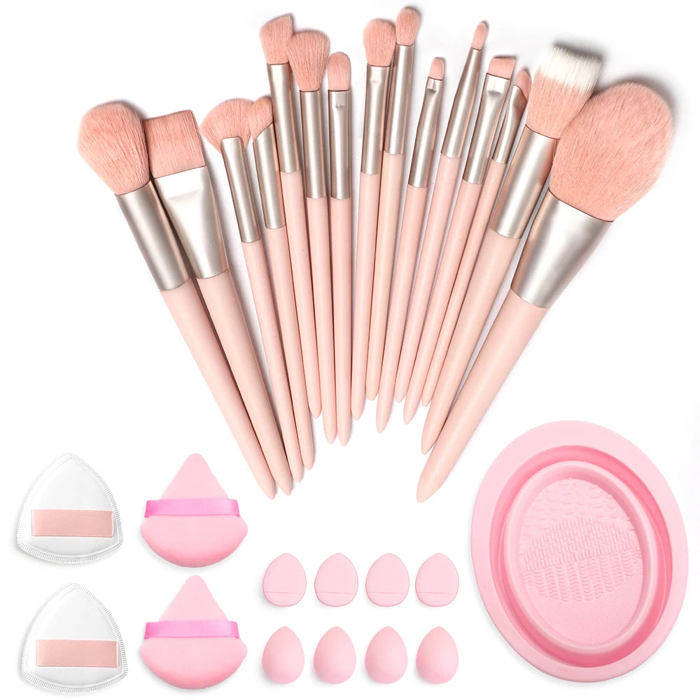 28 Pcs Make up Brushes Set With Puffs Sponges And Brush Cleaning Cup