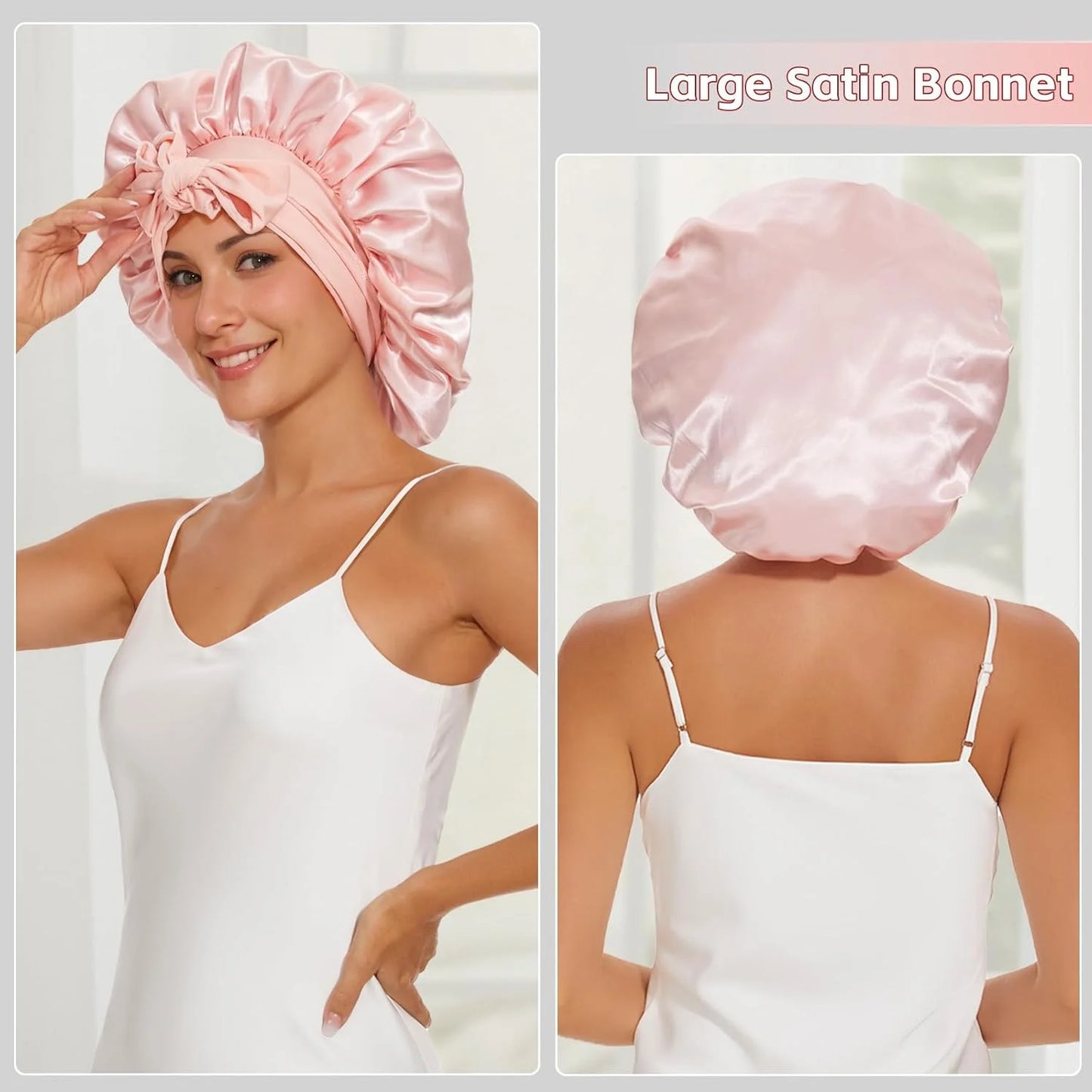 2PCS Black & Pink Satin Sleeping Cap With Tie Band