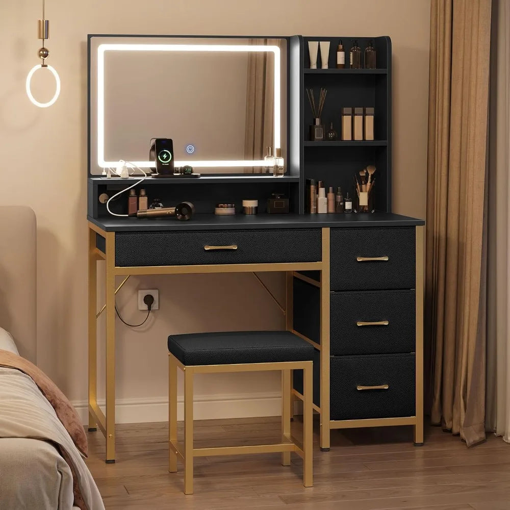 Black & Gold Makeup Vanity With Upholstered Stool
