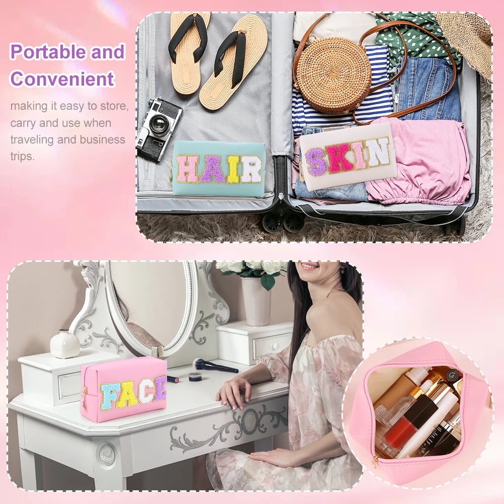 3PCS Preppy Patch Letter Makeup Organizer Bag Set