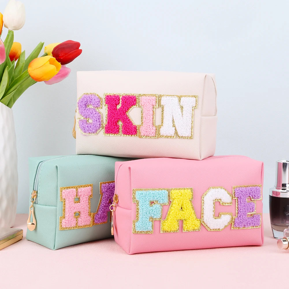 3PCS Preppy Patch Letter Makeup Organizer Bag Set