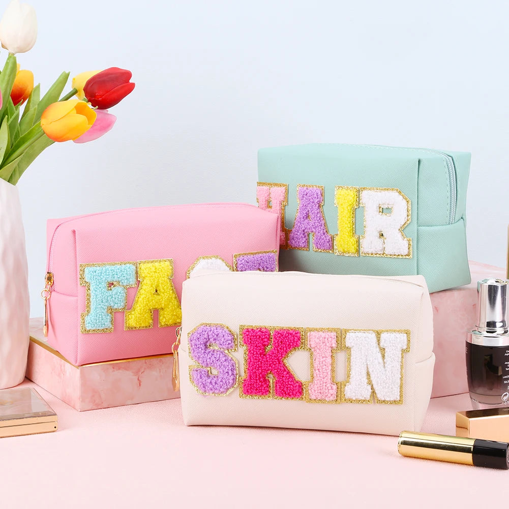 3PCS Preppy Patch Letter Makeup Organizer Bag Set