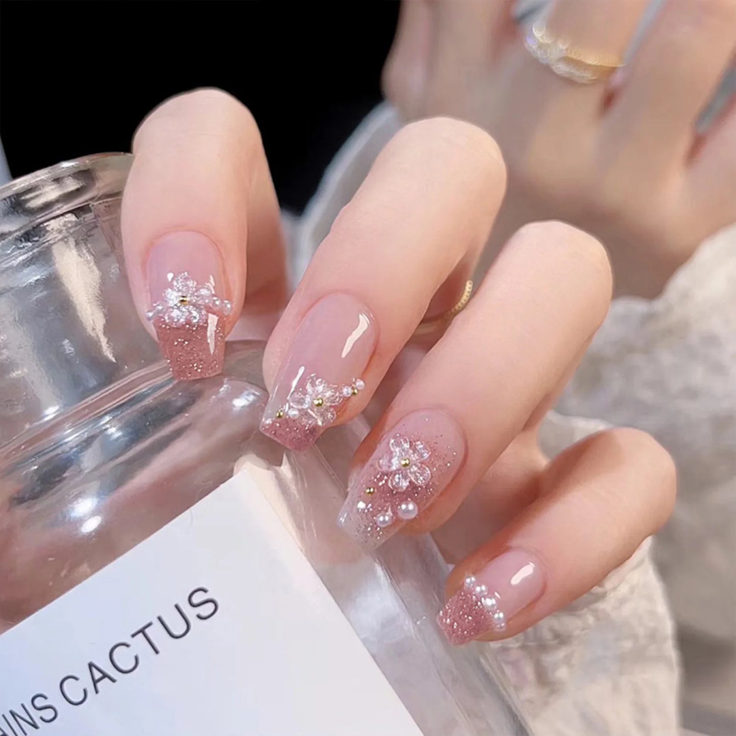 Pink Flower & Pearl Long Lasting Fake Nails