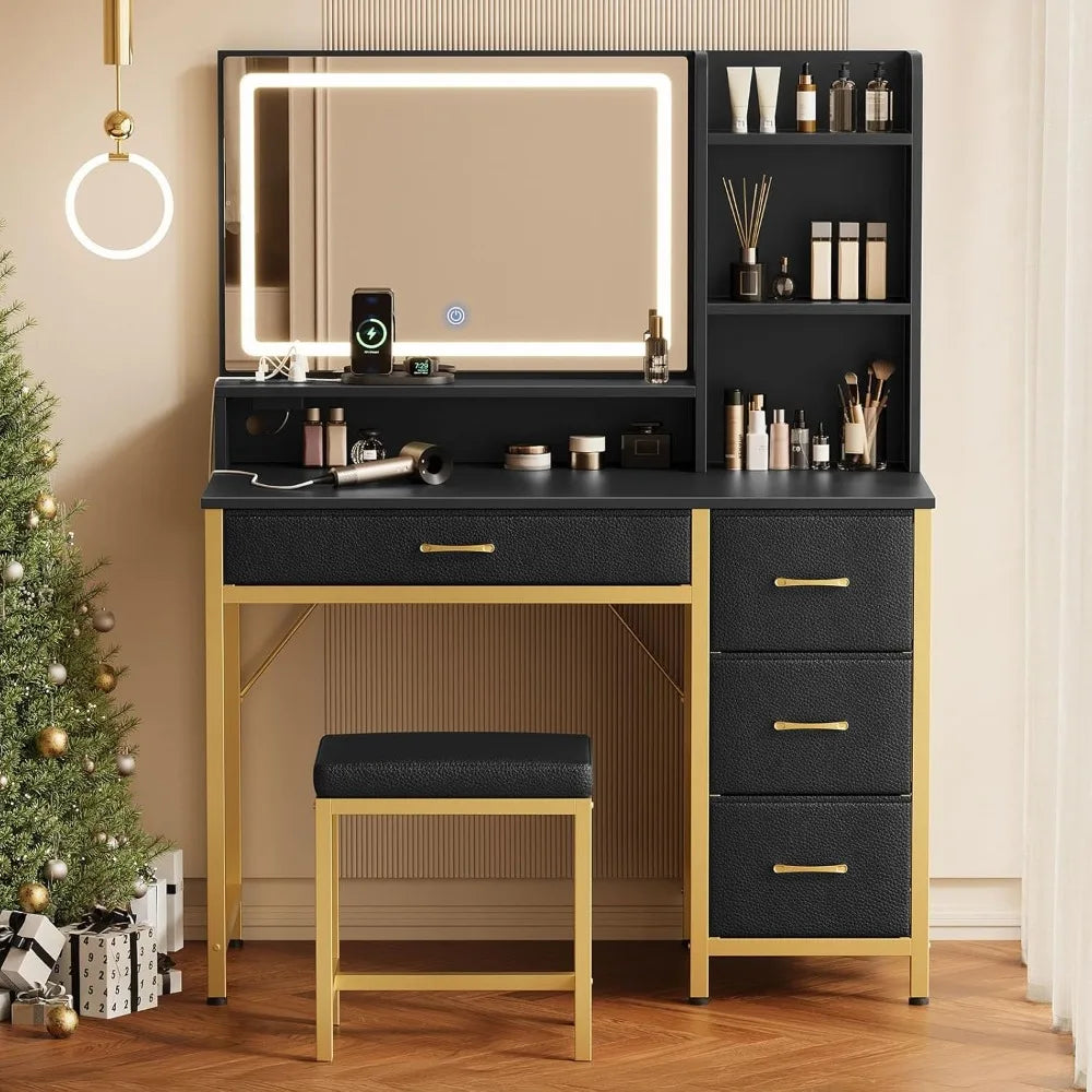 Black & Gold Makeup Vanity With Upholstered Stool