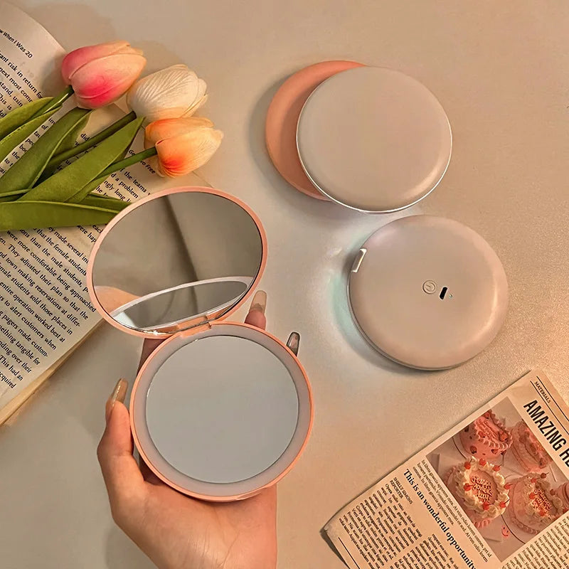 Portable Makeup Folding Round Mirror With LED Light
