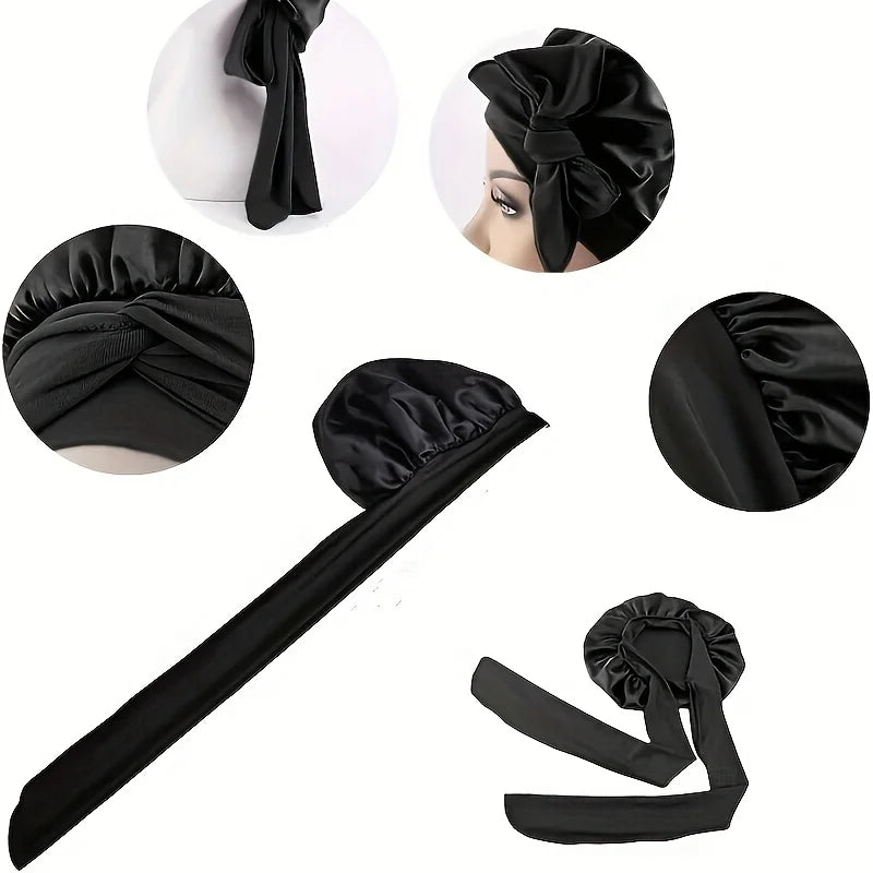 2PCS Black & Pink Satin Sleeping Cap With Tie Band