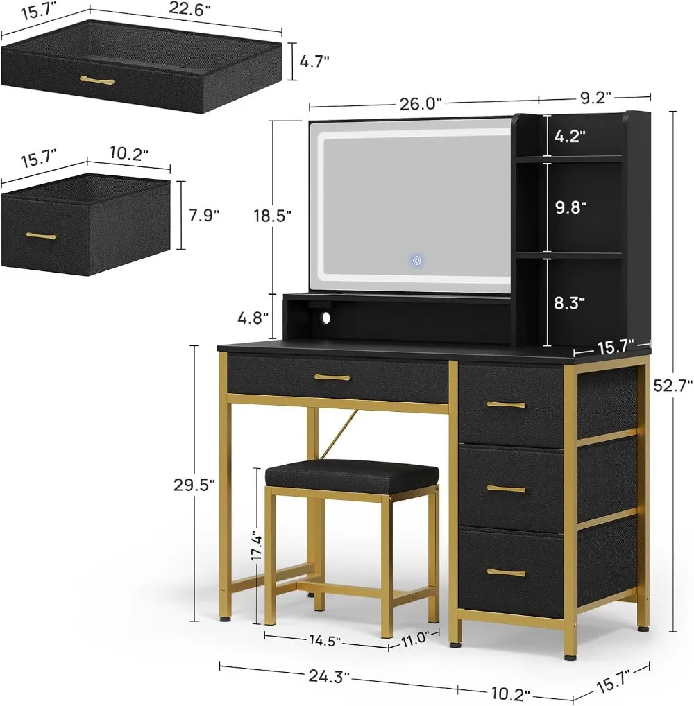 Black & Gold Makeup Vanity With Upholstered Stool