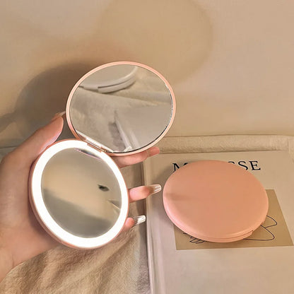 Portable Makeup Folding Round Mirror With LED Light