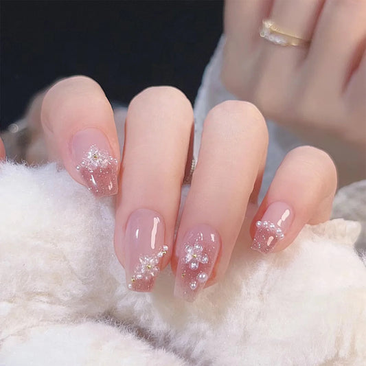 Pink Flower & Pearl Long Lasting Fake Nails