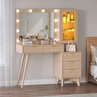 45” Glass Top Fluted Makeup Vanity Desk With Mirror & Adjustable LED Lights
