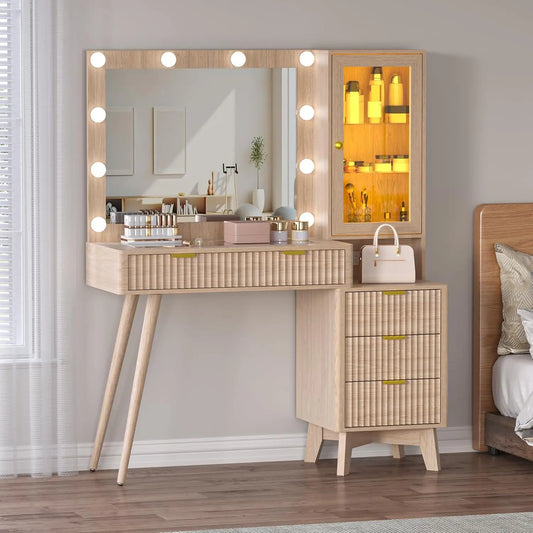 45” Glass Top Fluted Makeup Vanity Desk With Mirror & Adjustable LED Lights
