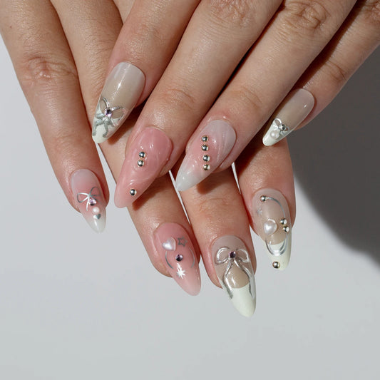 24pcs Pink French Press On Almond Nails With Heart Bow Designs