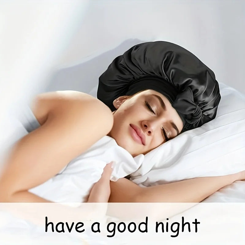 2PCS Black & Pink Satin Sleeping Cap With Tie Band