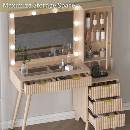 45” Glass Top Fluted Makeup Vanity Desk With Mirror & Adjustable LED Lights