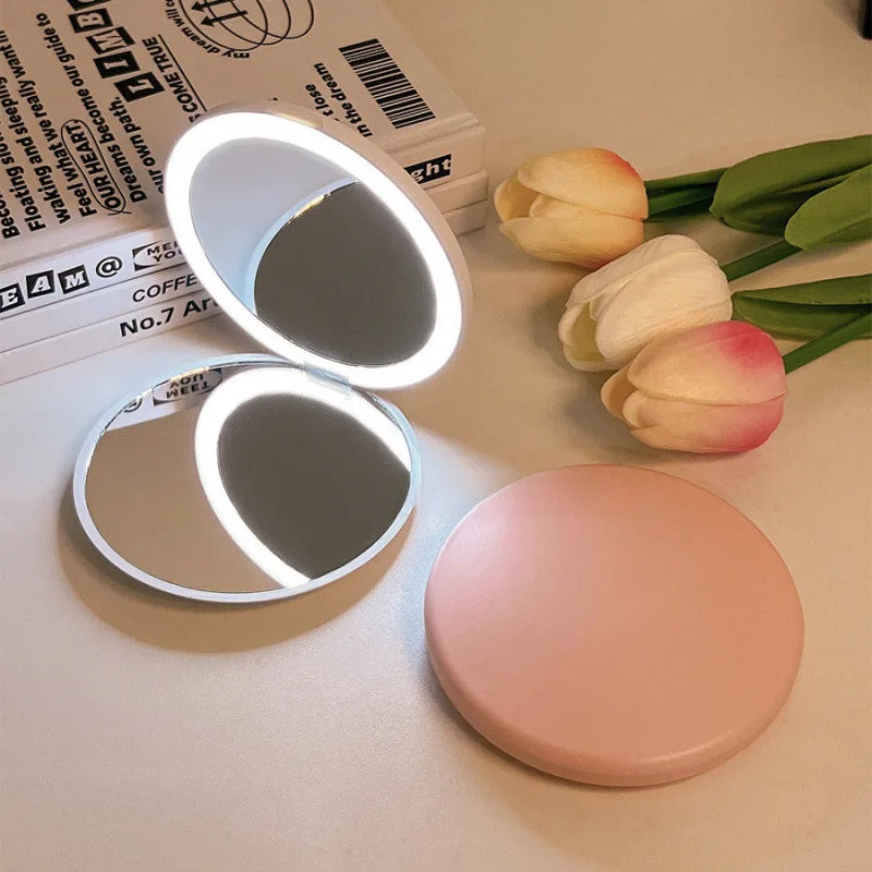 Portable Makeup Folding Round Mirror With LED Light