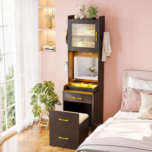 Vanity Desk with LED Light, Flip-up Mirror, Jewelry Box & Cushion Stool with Storage