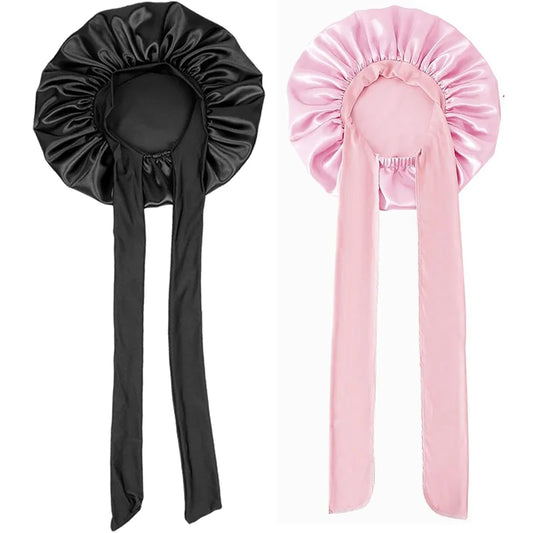 2PCS Black & Pink Satin Sleeping Cap With Tie Band