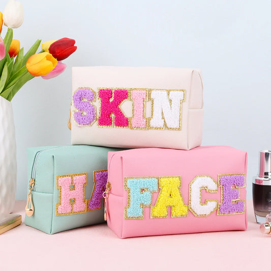 3PCS Preppy Patch Letter Makeup Organizer Bag Set