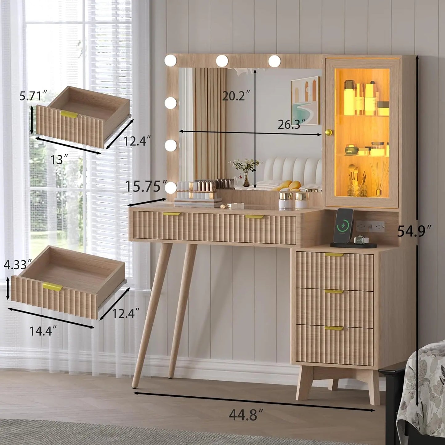 45” Glass Top Fluted Makeup Vanity Desk With Mirror & Adjustable LED Lights