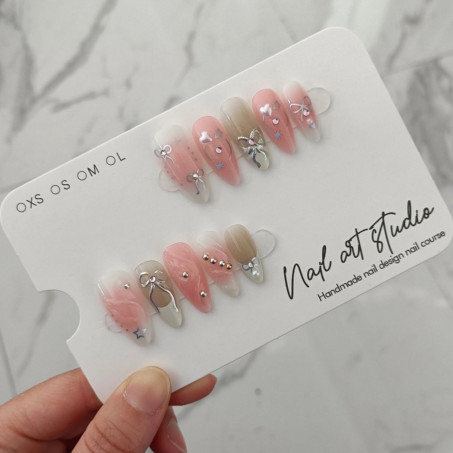 24pcs Pink French Press On Almond Nails With Heart Bow Designs