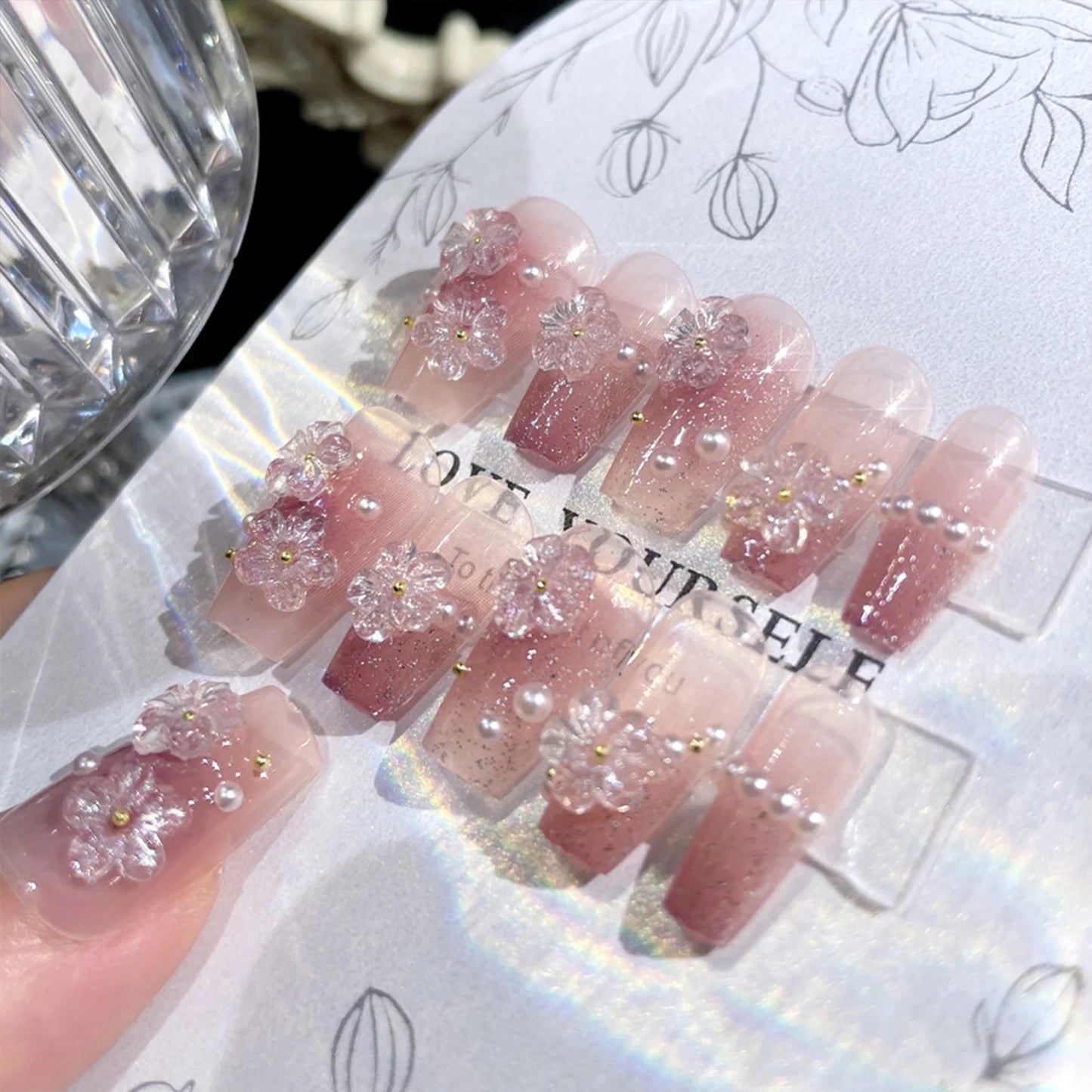 Pink Flower & Pearl Long Lasting Fake Nails