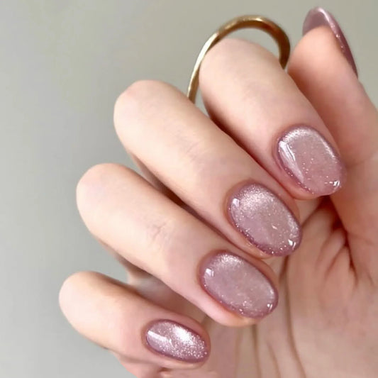 24pcs Cat Eye, French Glitter Pink Press On Almond Nails