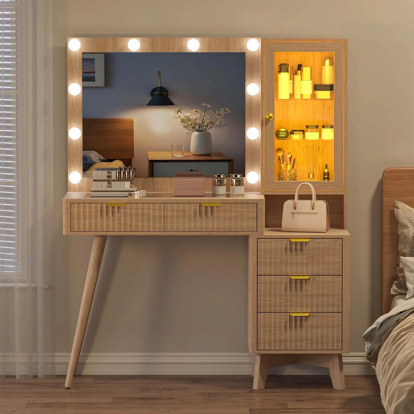 45” Glass Top Fluted Makeup Vanity Desk With Mirror & Adjustable LED Lights