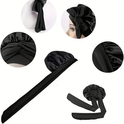 2PCS Black & Pink Satin Sleeping Cap With Tie Band