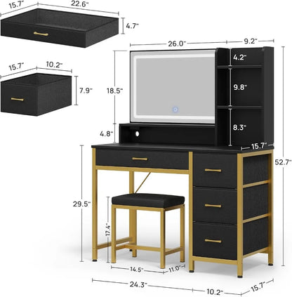 Black & Gold Makeup Vanity With Upholstered Stool